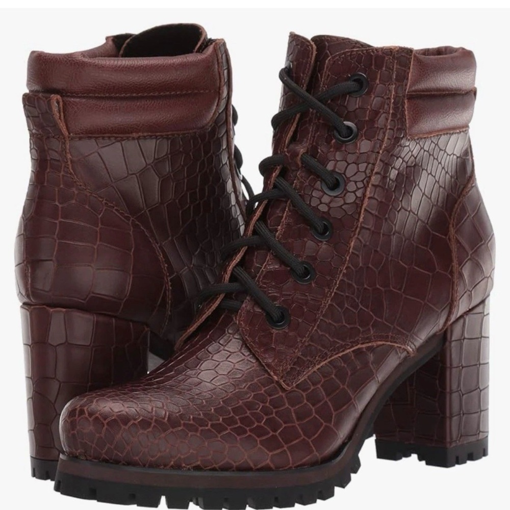 Kelsi Dagger NIB Leather Alligator Ox Blood Combat Block Heel boots Lutz sz 8.5